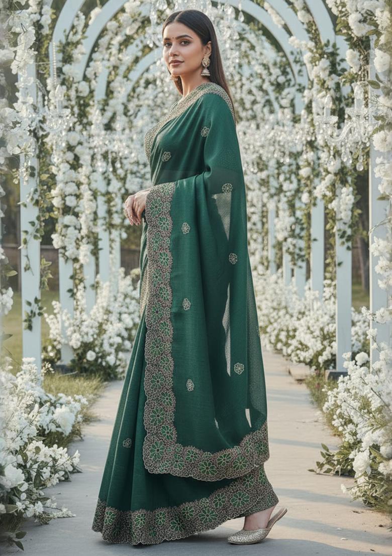 Green Embroidery Chiffon Saree Set - Indya