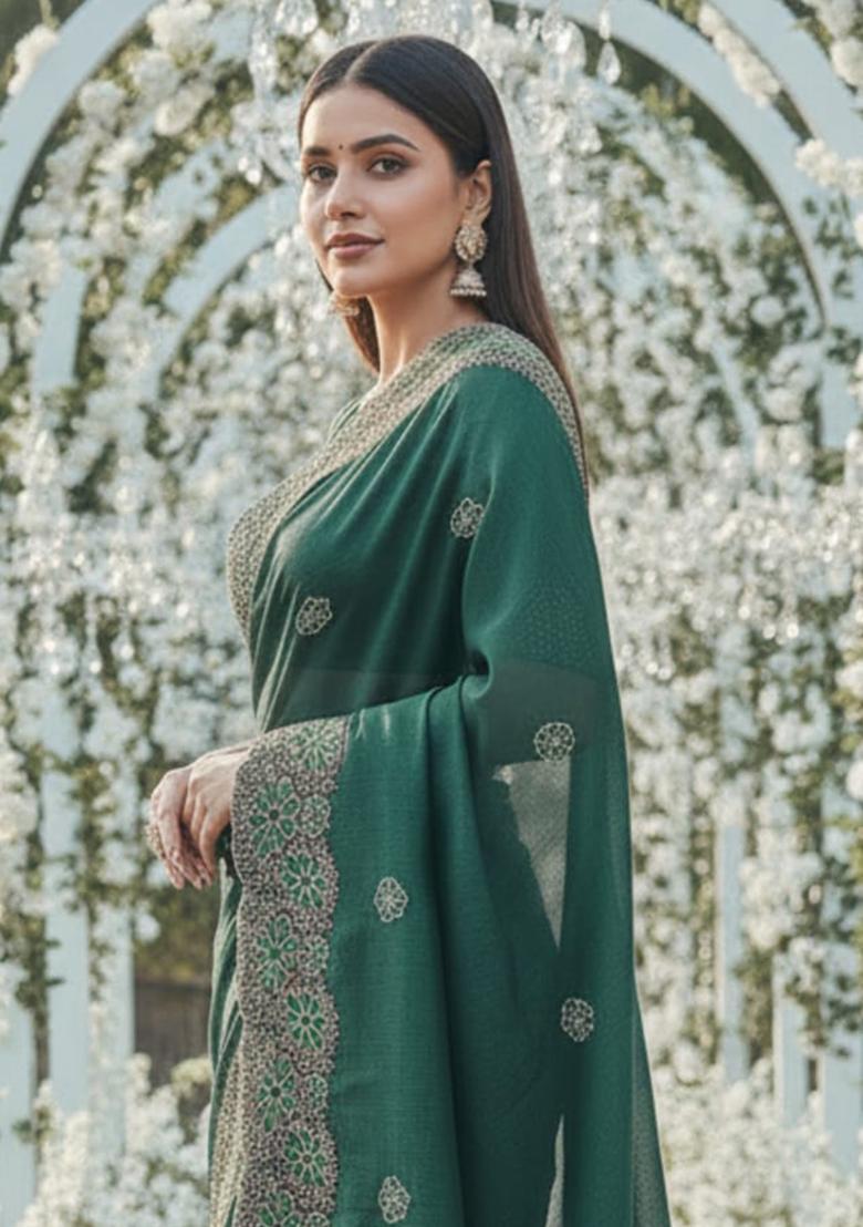 Green Embroidery Chiffon Saree Set - Indya