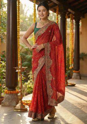 Red Embroidery Georgette Saree Set