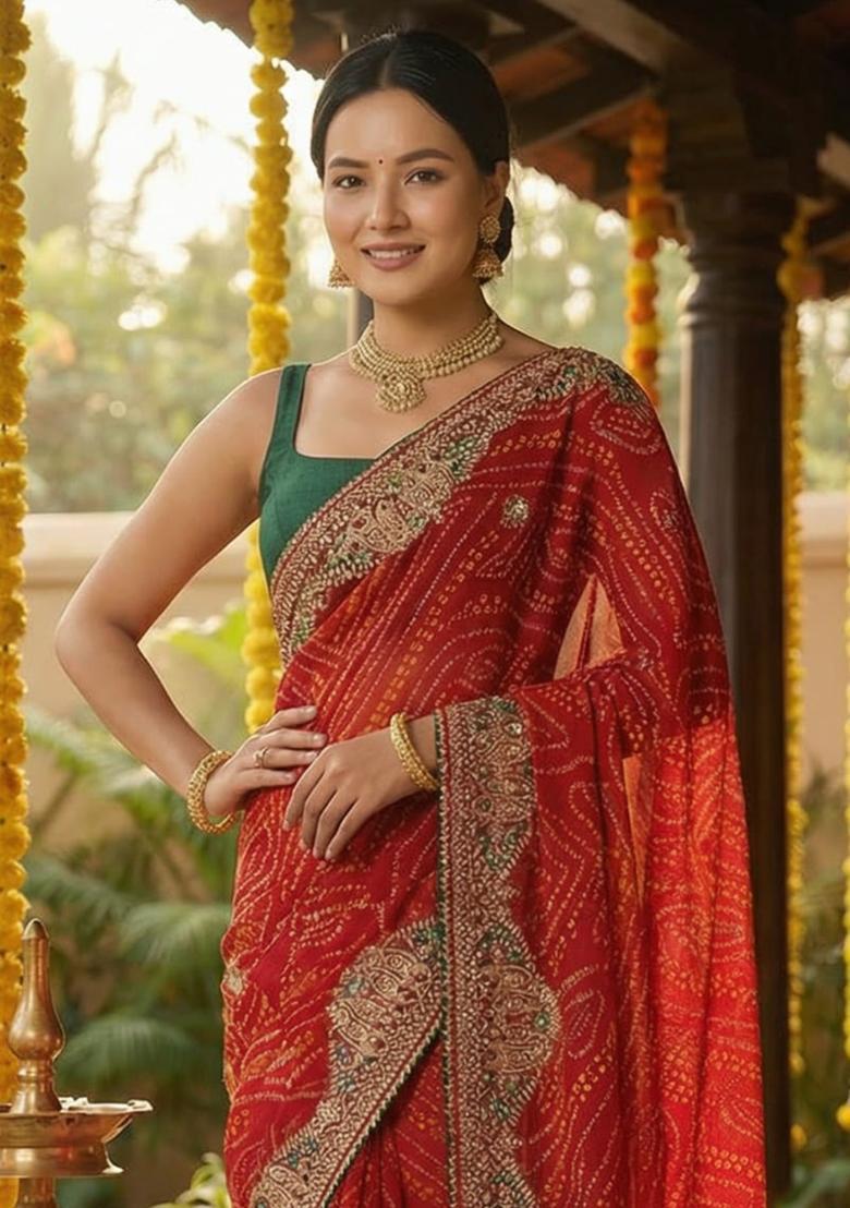 Red Embroidery Georgette Saree Set - Indya
