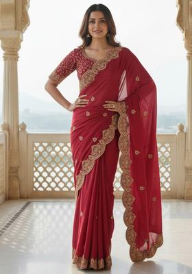 Maroon Embroidery Georgette Saree Set