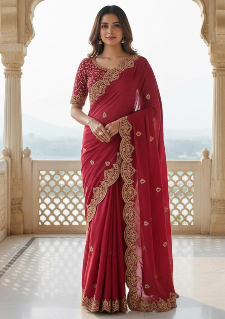 Maroon Embroidery Georgette Saree Set - Indya