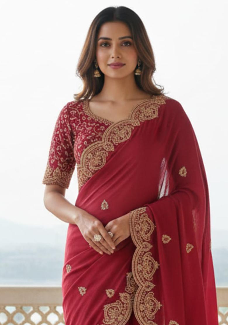 Maroon Embroidery Georgette Saree Set - Indya