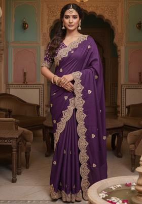 Purple Embroidery Georgette Saree Set