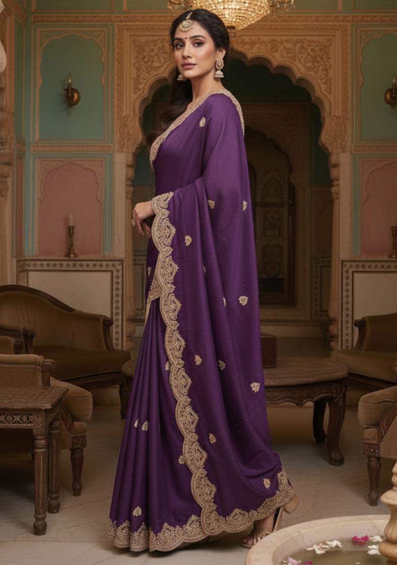 Purple Embroidery Georgette Saree Set - Indya