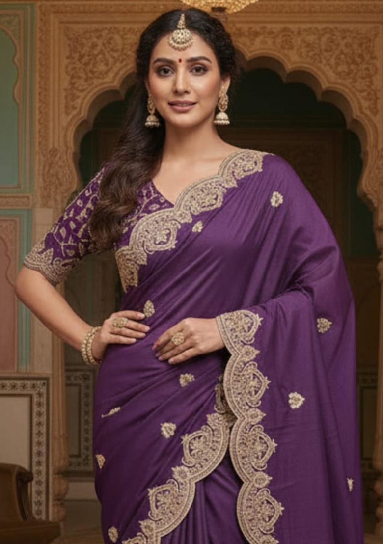 Purple Embroidery Georgette Saree Set - Indya