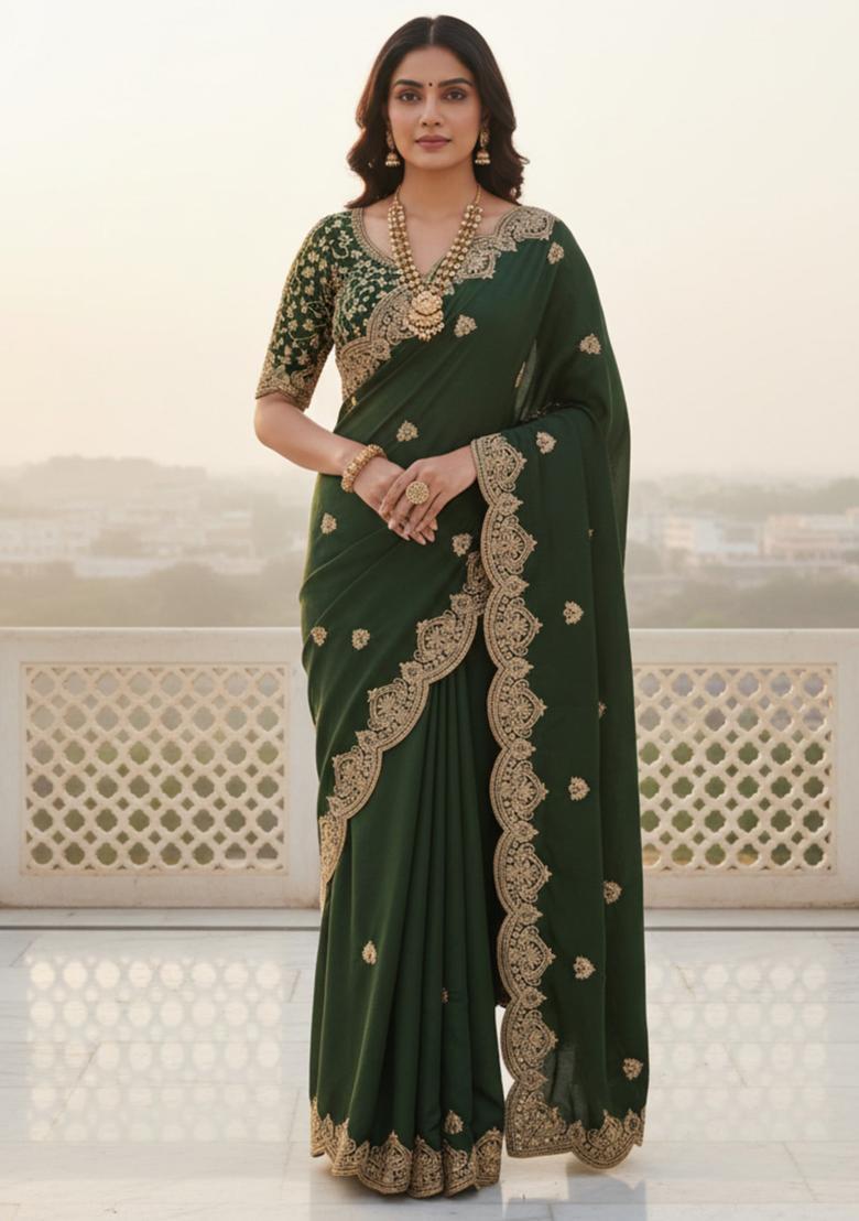 Light Green Embroidery Georgette Saree Set - Indya