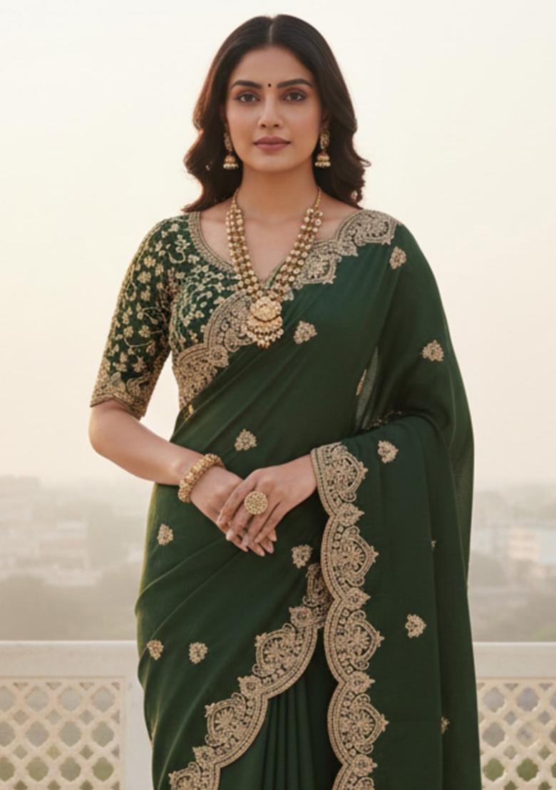 Light Green Embroidery Georgette Saree Set - Indya