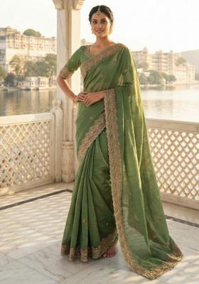 Light Green Embroidery Chiffon Saree Set