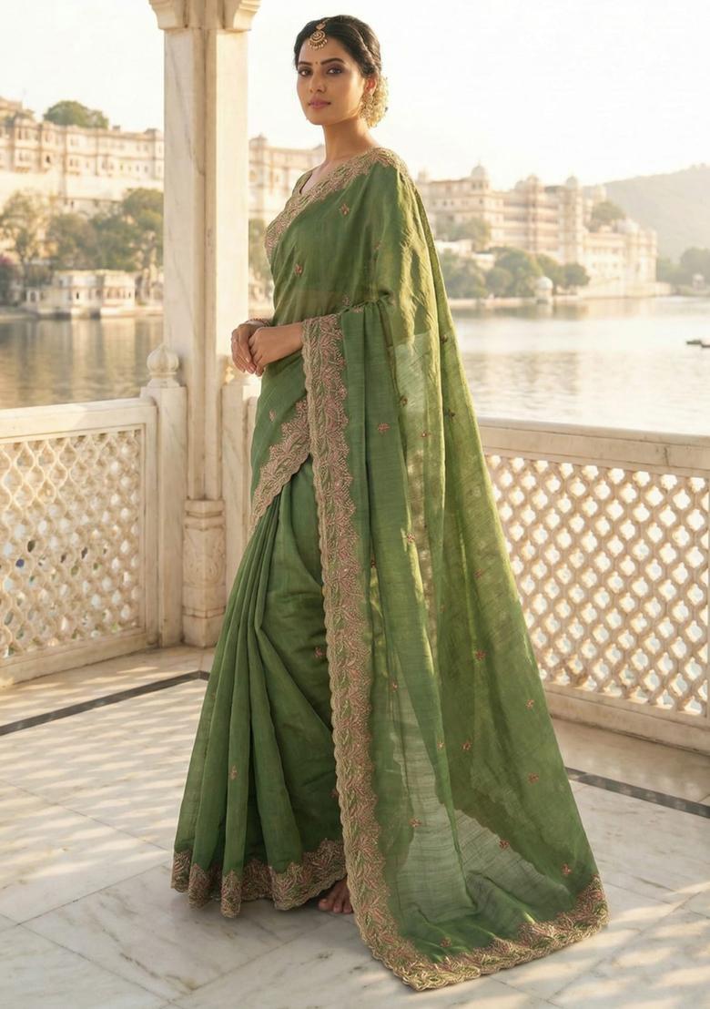 Light Green Embroidery Chiffon Saree Set - Indya