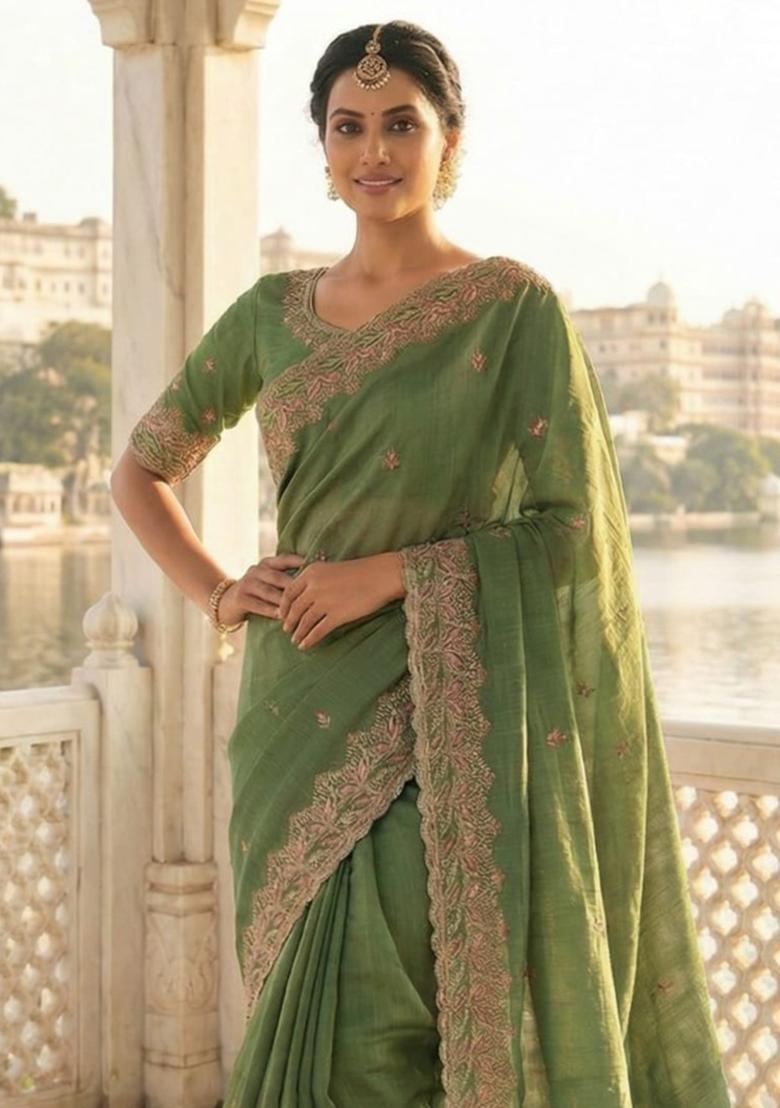 Light Green Embroidery Chiffon Saree Set - Indya