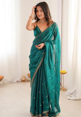 Teal Blue Embellished Silk Saree Set