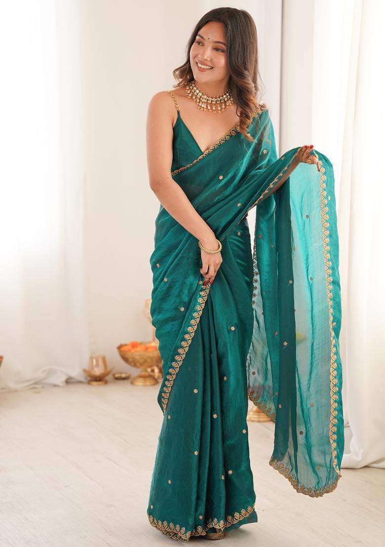 Teal Blue Embellished Silk Saree Set - Indya