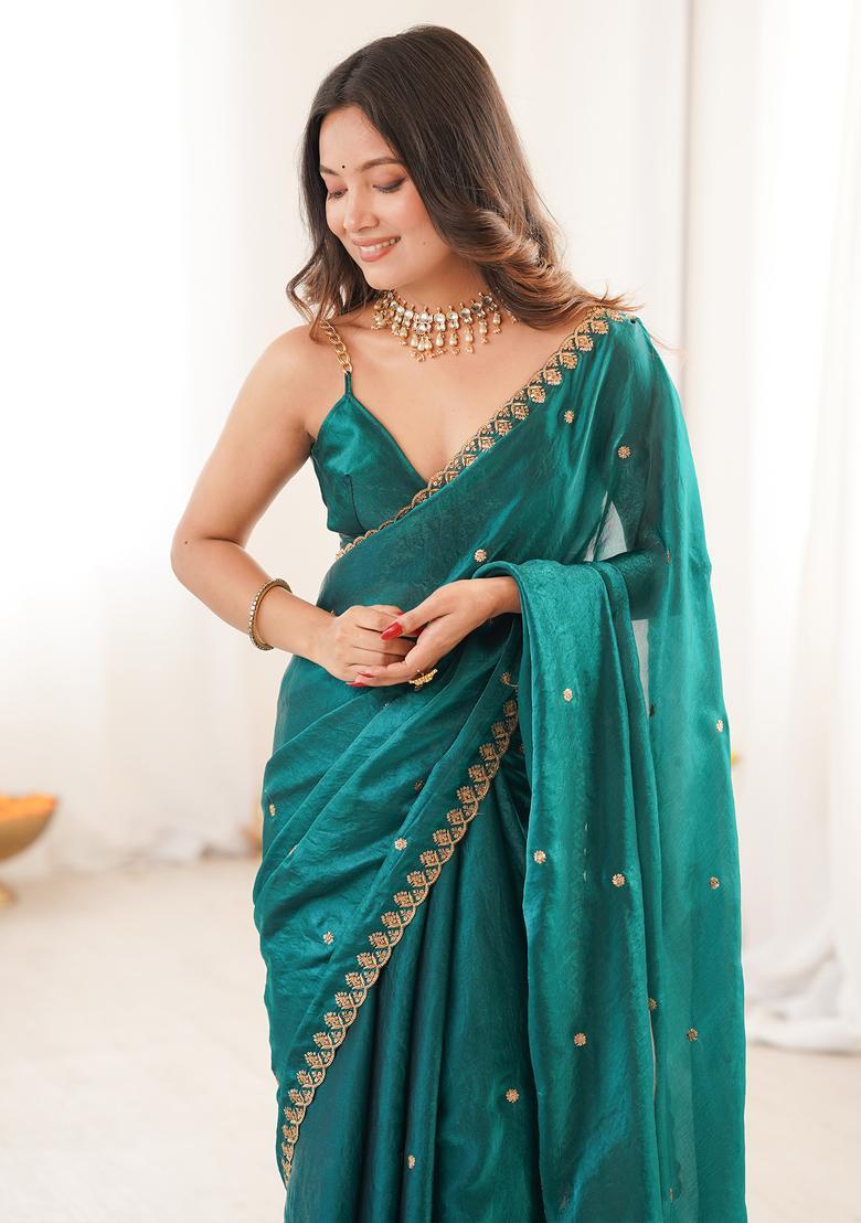 Teal Blue Embellished Silk Saree Set - Indya