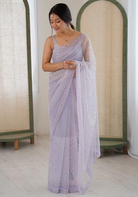 Lavender Embellished Net Saree Set
