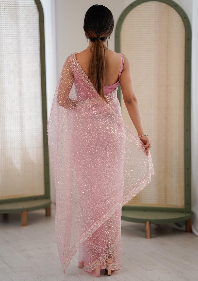 Pink Embellished Net Saree Set - Indya