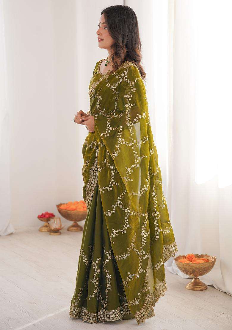 Olive Embellished Satin Saree Set for Diwali | Wedding & Festive Wear - Indya
