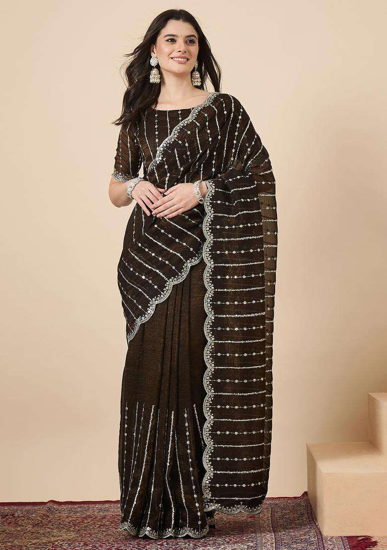 Olive Embellished Chiffon Saree Set for Diwali | Wedding & Festive Wear - Indya