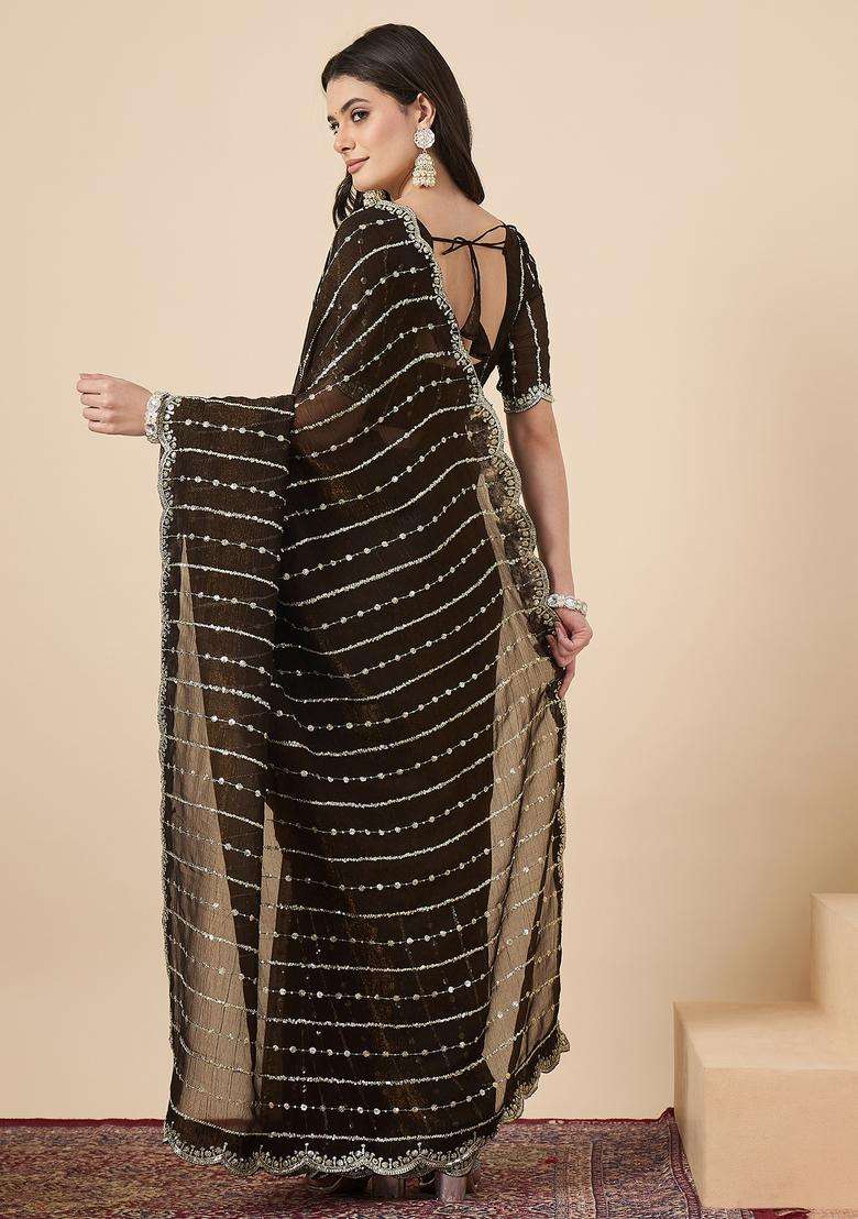 Olive Embellished Chiffon Saree Set for Diwali | Wedding & Festive Wear - Indya
