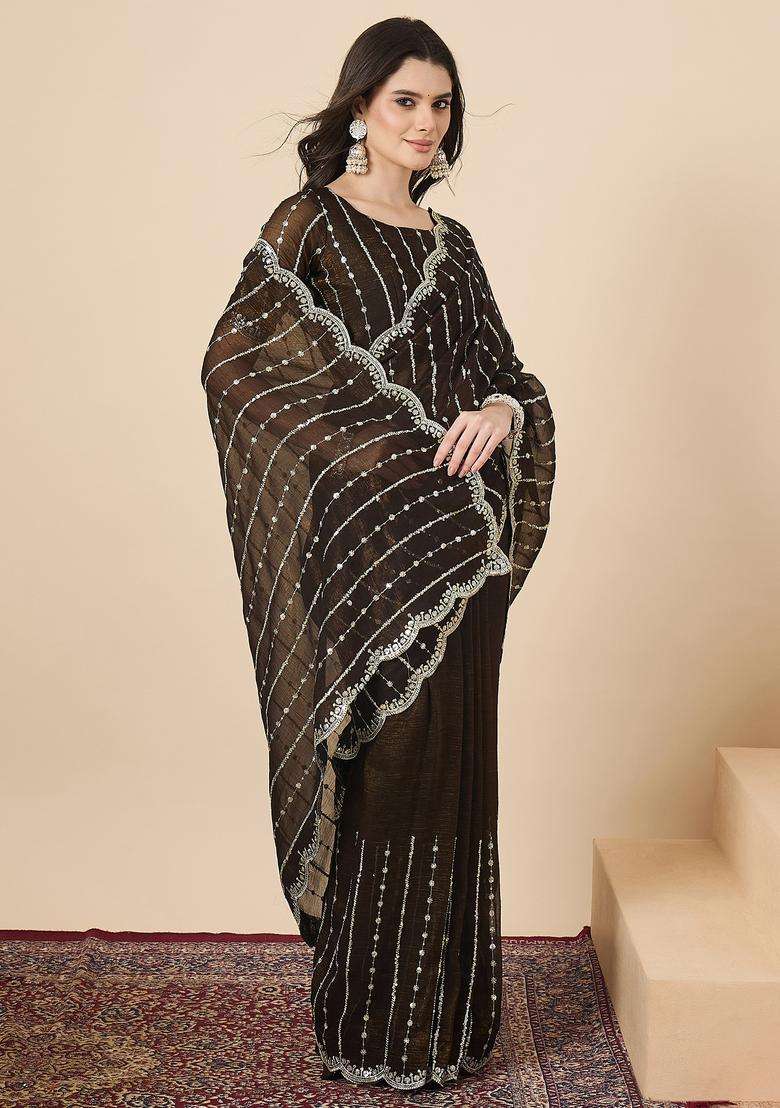 Olive Embellished Chiffon Saree Set for Diwali | Wedding & Festive Wear - Indya