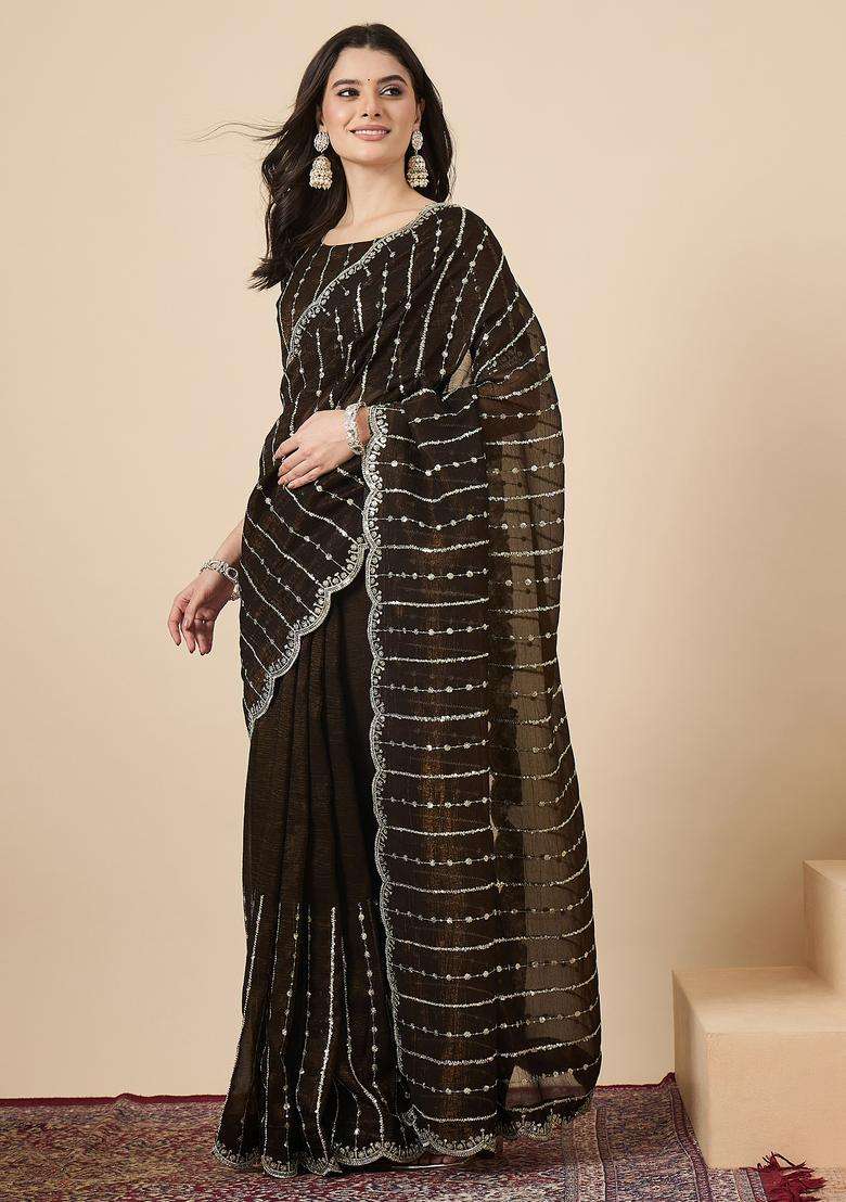 Olive Embellished Chiffon Saree Set for Diwali | Wedding & Festive Wear - Indya
