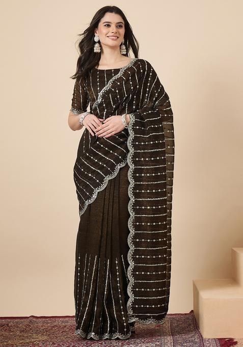 Olive Embellished Chiffon Saree Set for Diwali | Wedding & Festive Wear