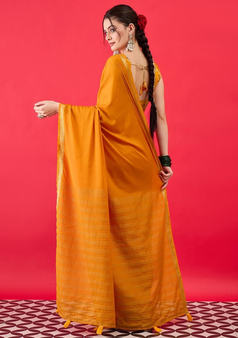 Mustard Woven Design Silk Saree Set - Indya