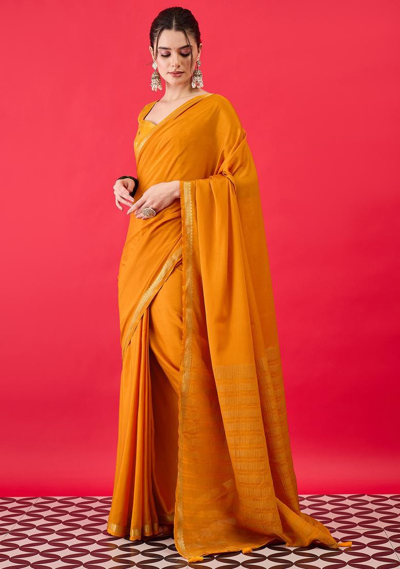 Mustard Woven Design Silk Saree Set - Indya