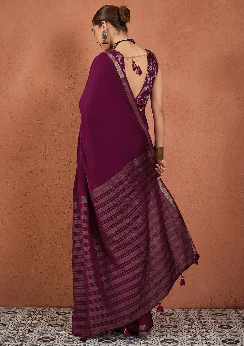 Wine Woven Design Silk Saree Set - Indya