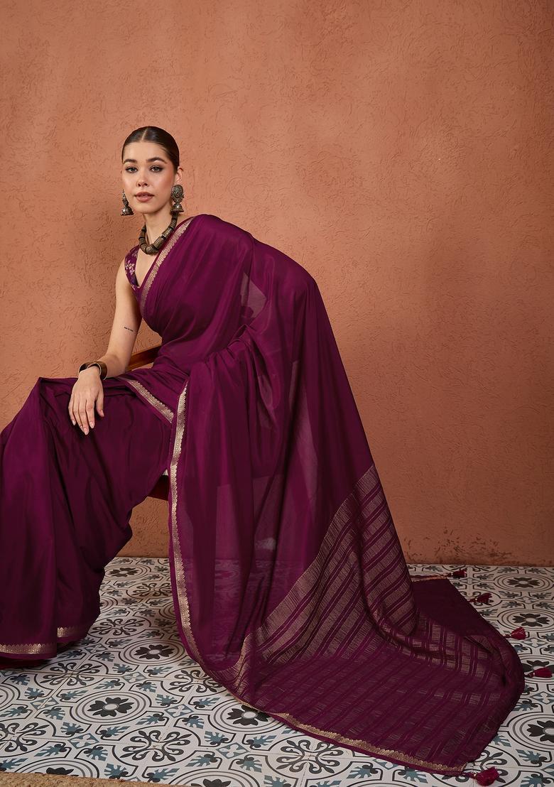Wine Woven Design Silk Saree Set - Indya
