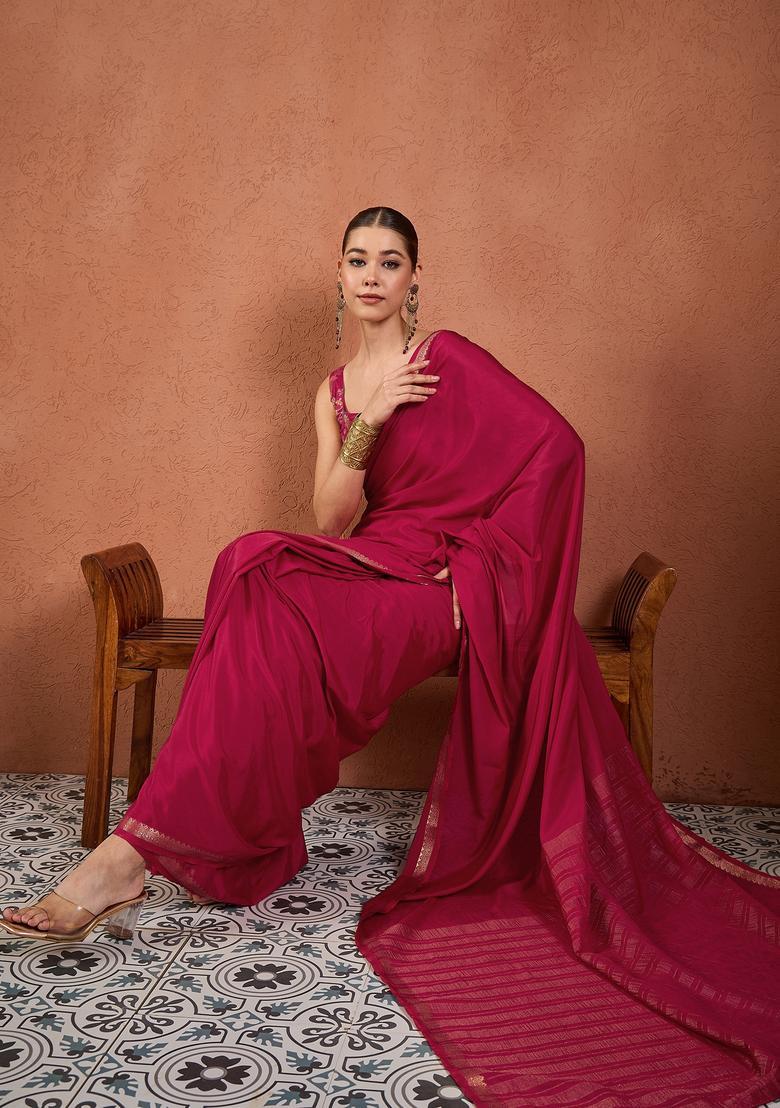 Pink Woven Design Silk Saree Set - Indya