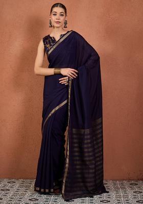 Navy Blue Woven Design Silk Saree Set