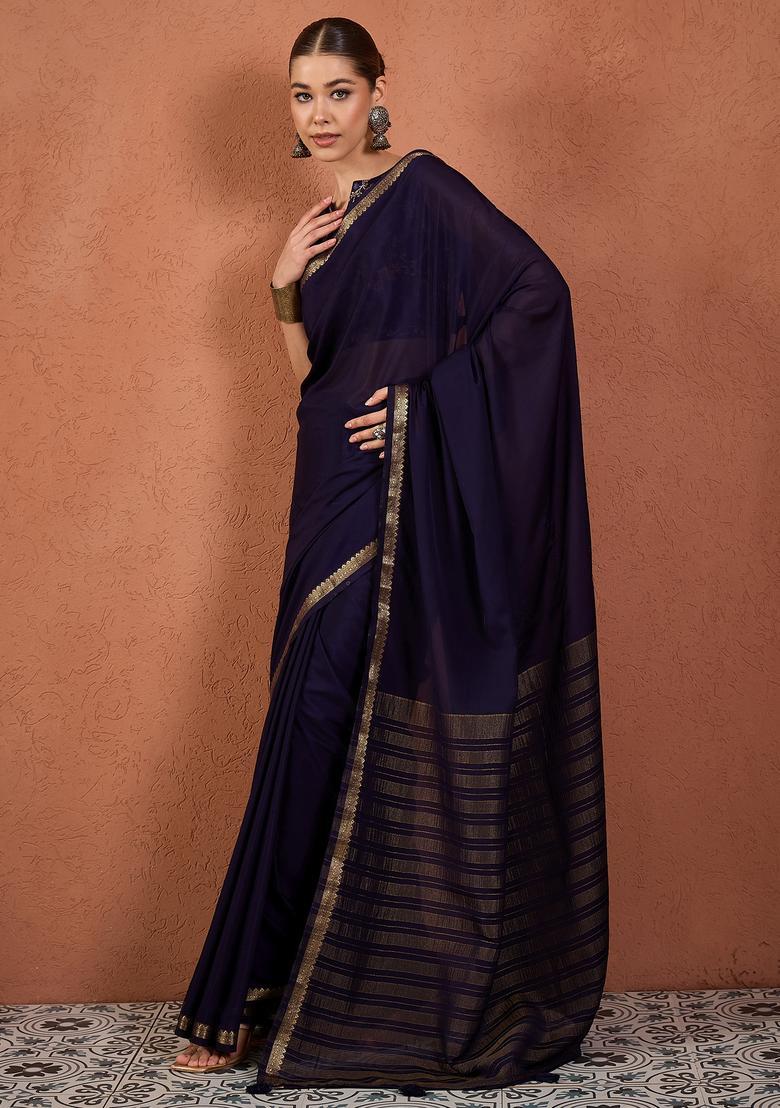 Navy Blue Woven Design Silk Saree Set - Indya