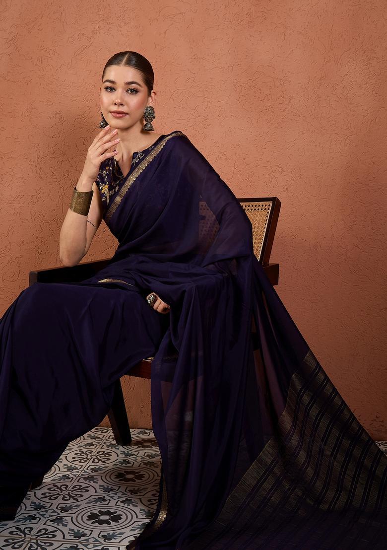 Navy Blue Woven Design Silk Saree Set - Indya