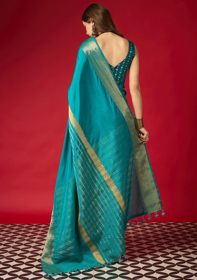 Light Blue Woven Design Silk Saree Set - Indya