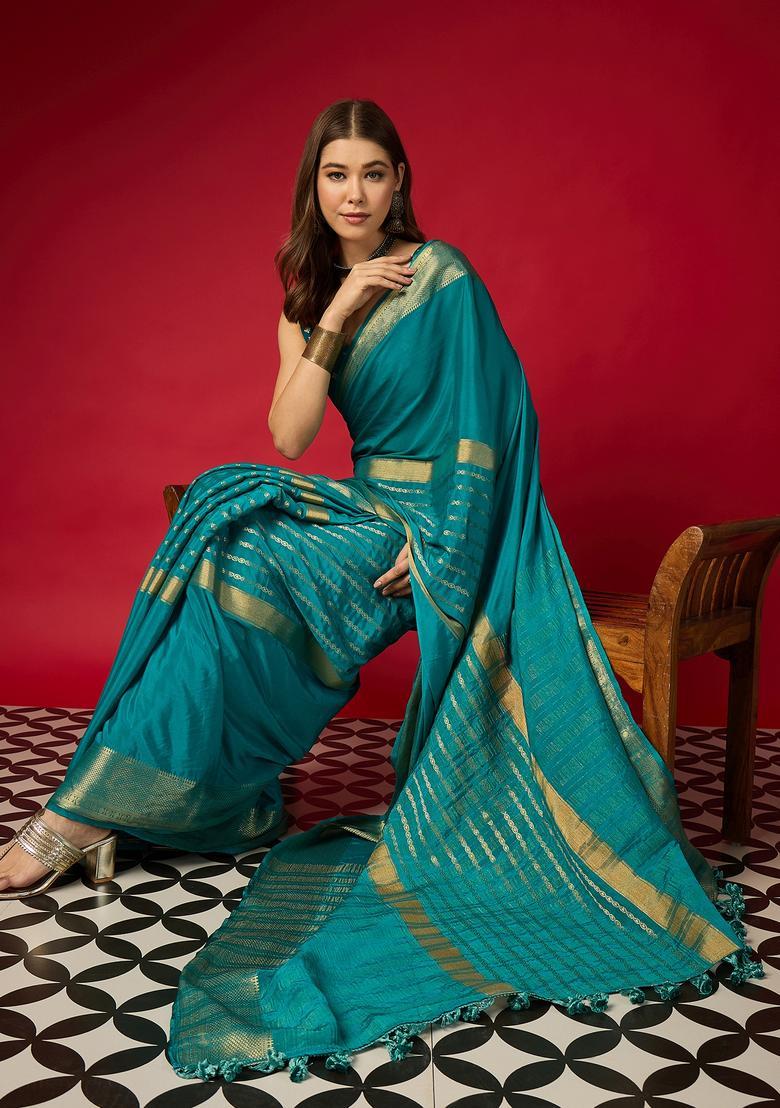 Light Blue Woven Design Silk Saree Set - Indya