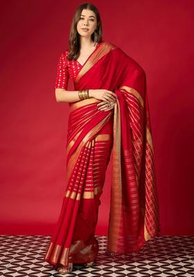 Red Woven Design Silk Saree Set