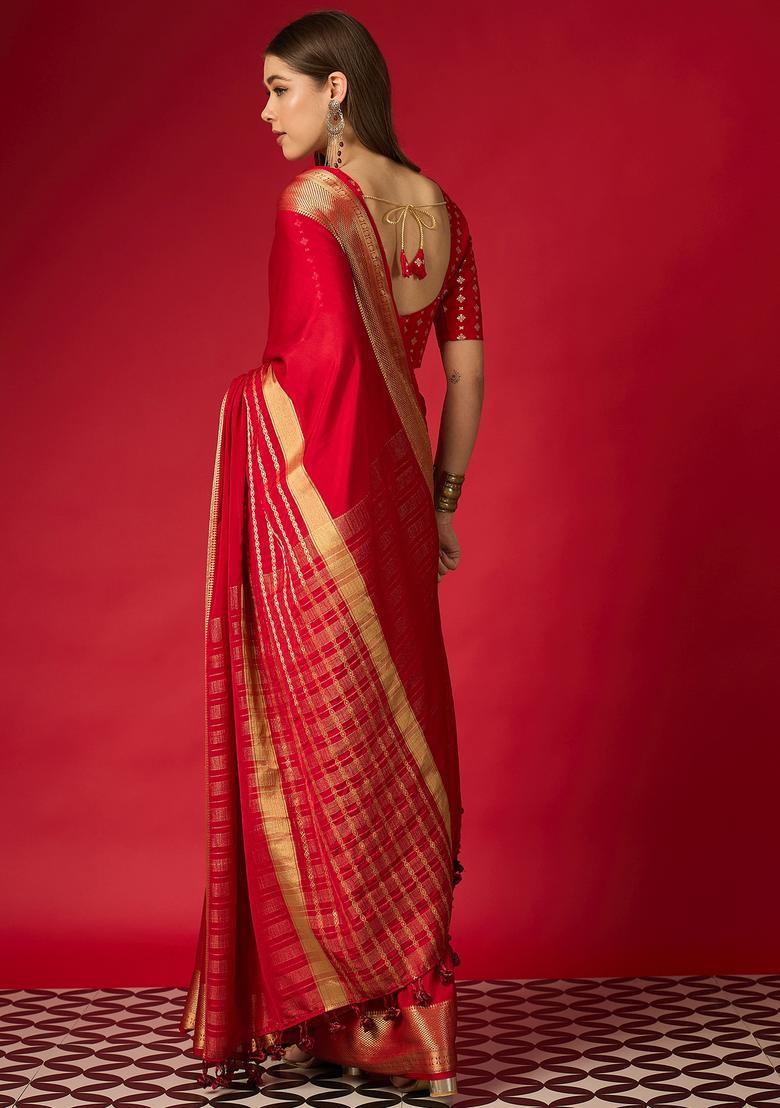 Red Woven Design Silk Saree Set - Indya