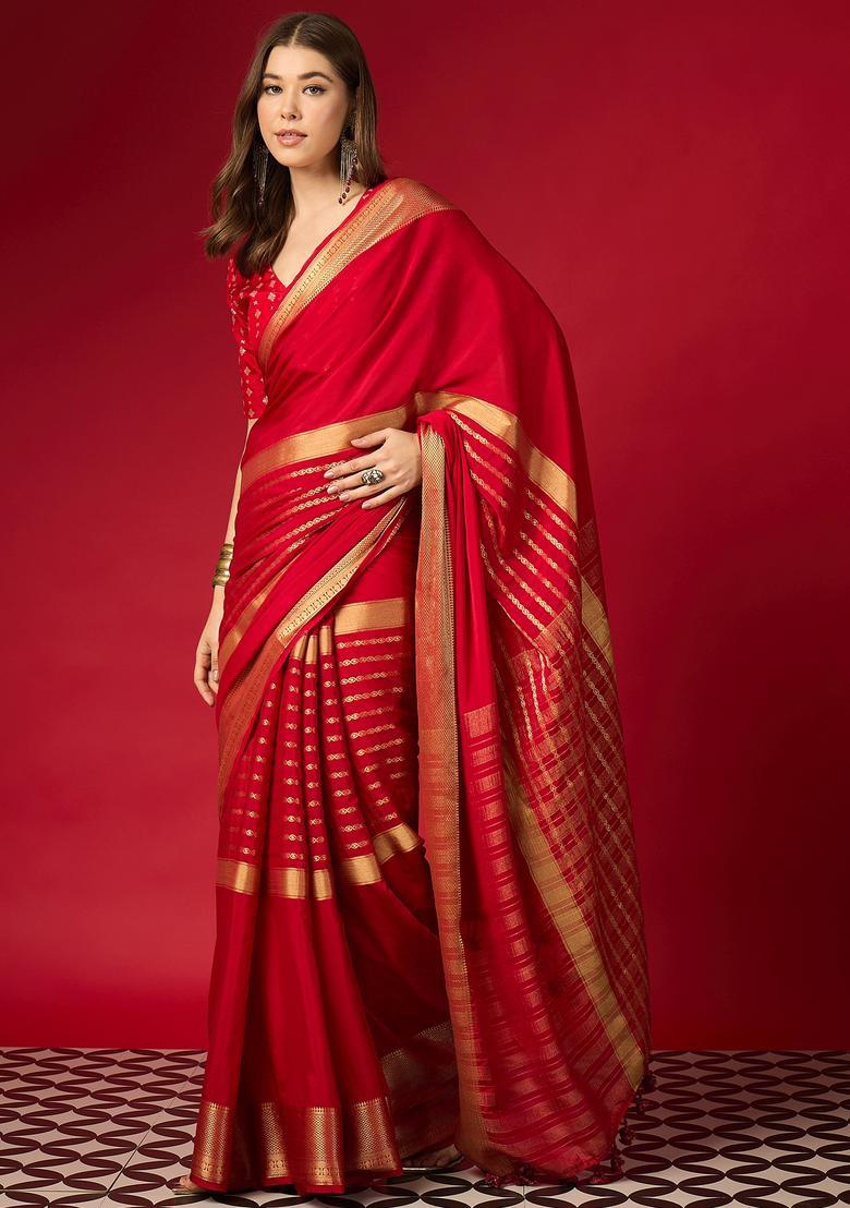 Red Woven Design Silk Saree Set - Indya