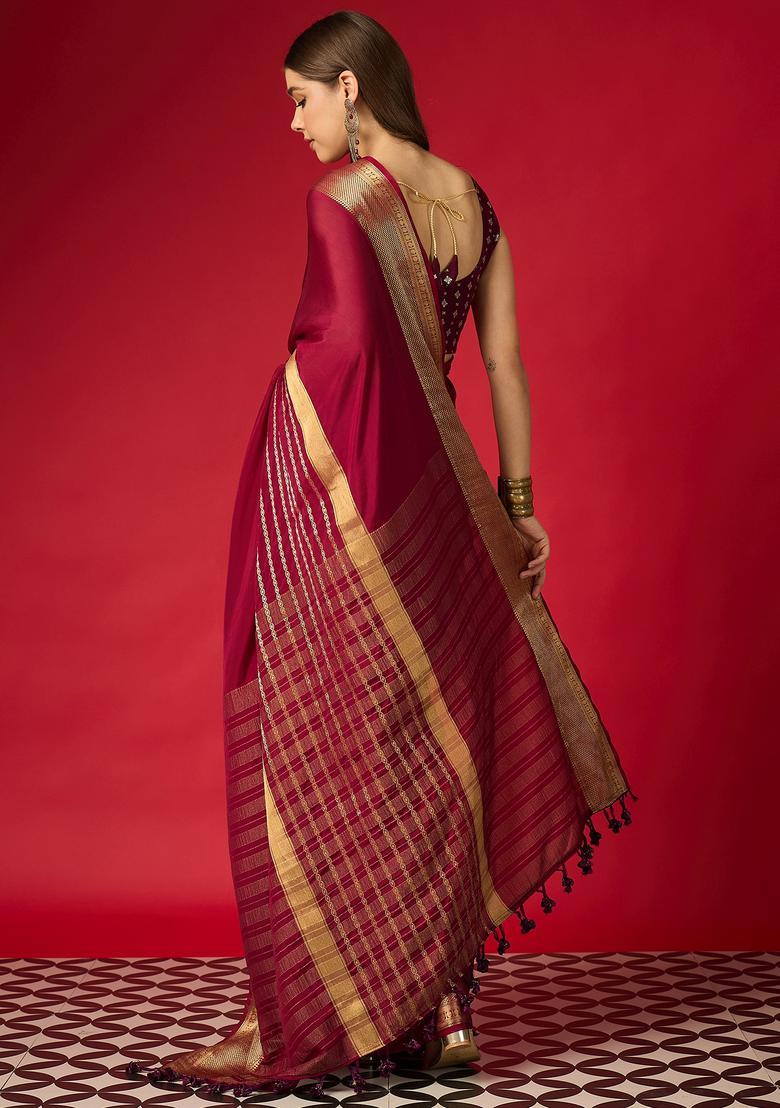 Maroon Woven Design Silk Saree Set - Indya