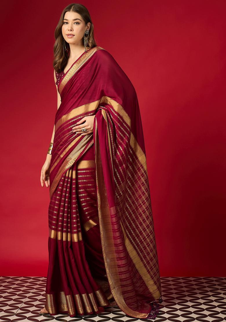 Maroon Woven Design Silk Saree Set - Indya