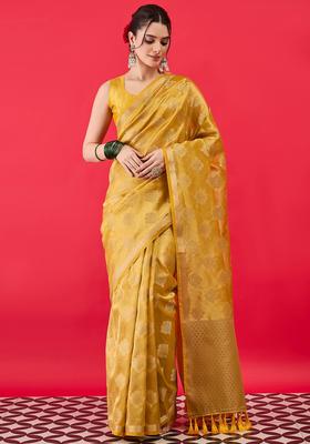 Yellow Woven Design Tissue Saree Set