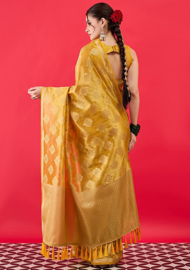 Yellow Woven Design Tissue Saree Set - Indya