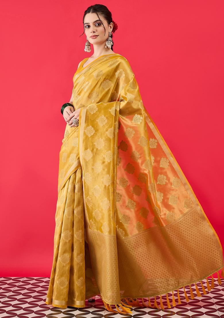 Yellow Woven Design Tissue Saree Set - Indya