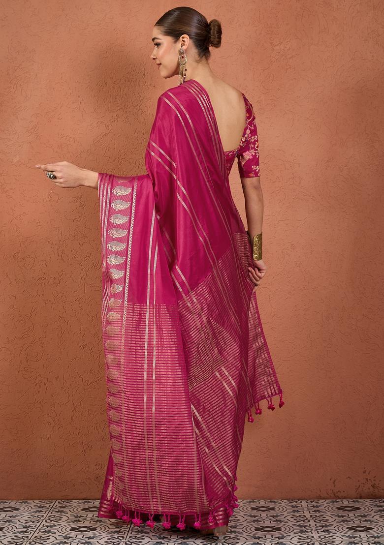 Pink Woven Design Silk Saree Set - Indya
