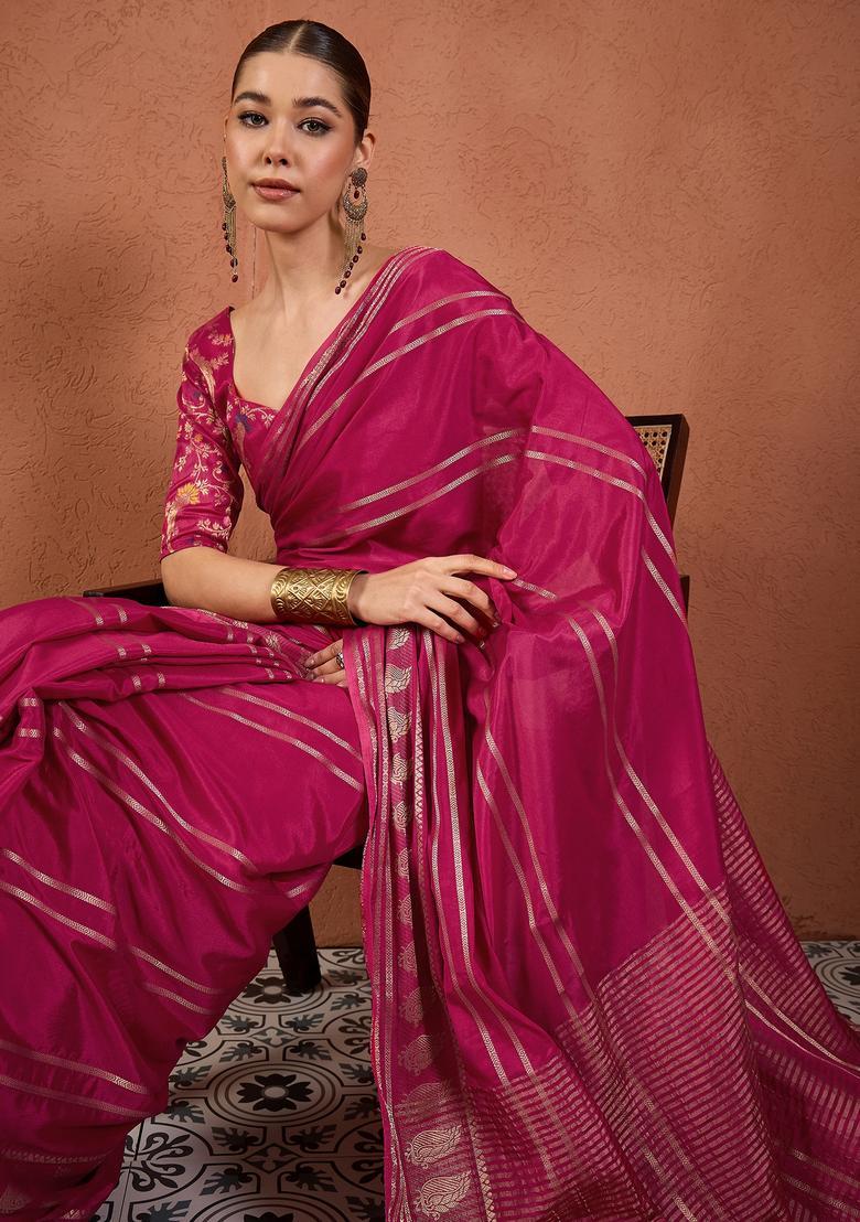 Pink Woven Design Silk Saree Set - Indya