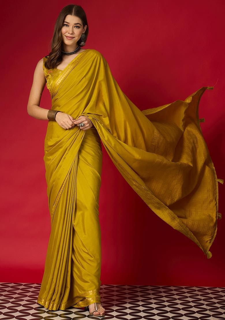 Lemon Yellow Woven Design Silk Saree Set - Indya