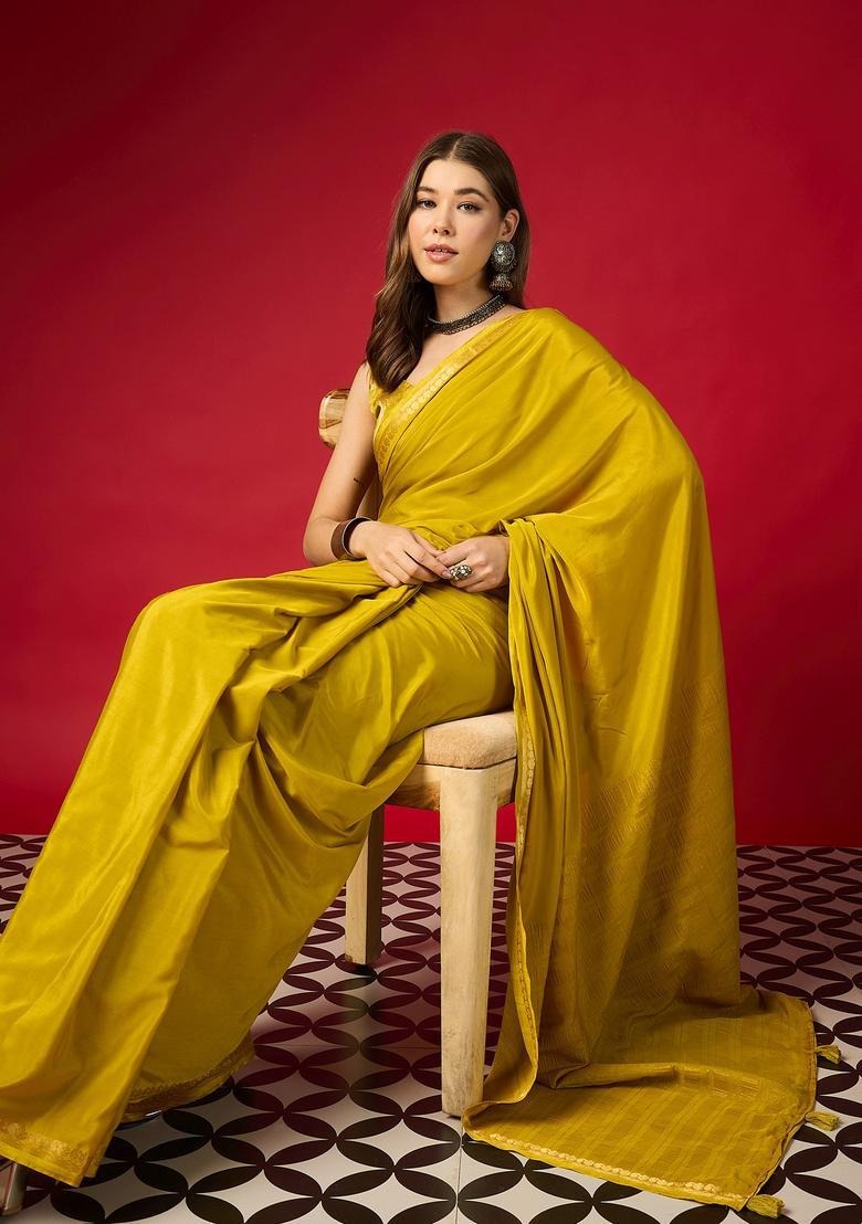 Lemon Yellow Woven Design Silk Saree Set - Indya