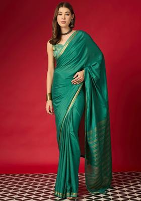 Teal Green Woven Design Silk Saree Set