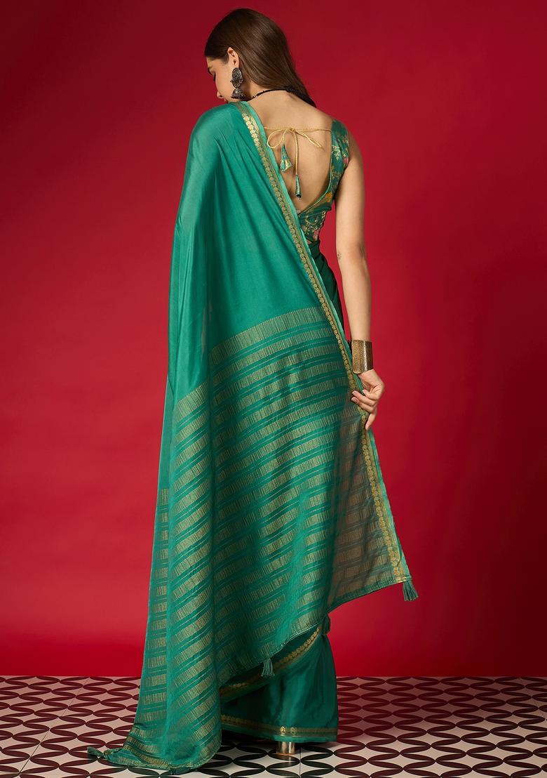 Teal Green Woven Design Silk Saree Set - Indya